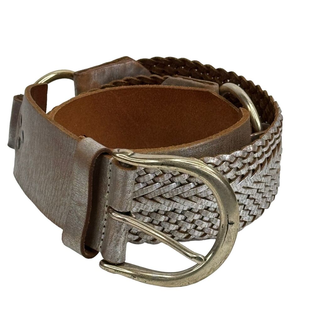 Cache Wide Metallic Braided Belt SZ S Women's Silver Woven Brass Buckle Western
